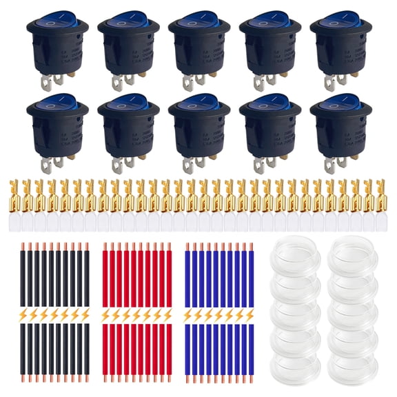 AC 250V/6A 125V/10A Round Rocker Switches, Ampper 3 Pin 20MM On Off Round SPST Illuminated Toggle Switch with Wires, Terminals and Cover (Blue, Pack of 10)