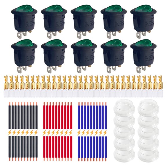 AC 250V/6A 125V/10A Round Rocker Switches, Ampper 3 Pin 20MM On Off Round SPST Illuminated Toggle Switch with Wires, Terminals and Cover (Green, Pack of 10)
