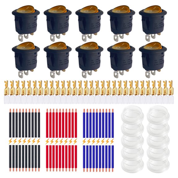AC 250V/6A 125V/10A Round Rocker Switches, Ampper 3 Pin 20MM On Off Round SPST Illuminated Toggle Switch with Wires, Terminals and Cover (Yellow, Pack of 10)