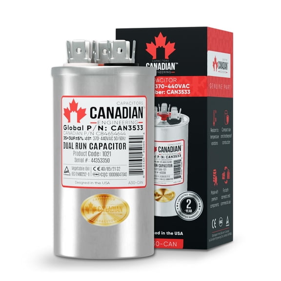 AC Capacitor 35 + 3 F, 120/250/ 370/440 VAC, CBB65 Motor Run Round Capacitor for Air Conditioner, Industrial Electric Motors, Compressors, Air Conditioners