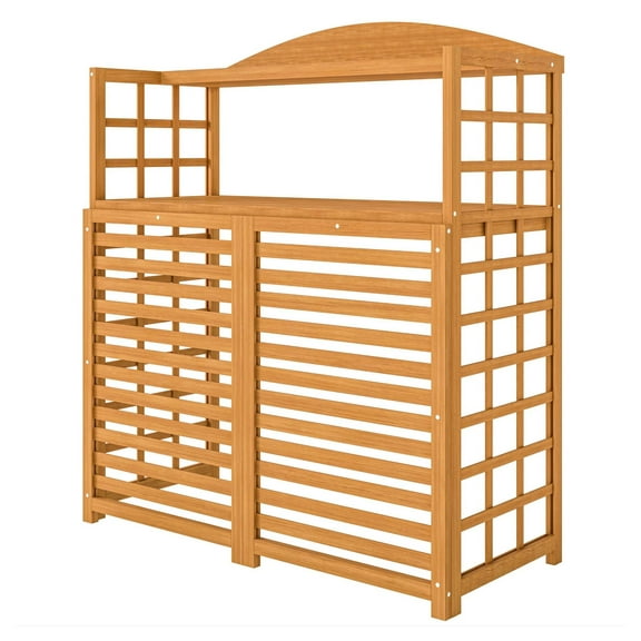 AC Cover Outdoor Privacy Screen, Wood Air Conditioner Fence with Shelves - Light Brown