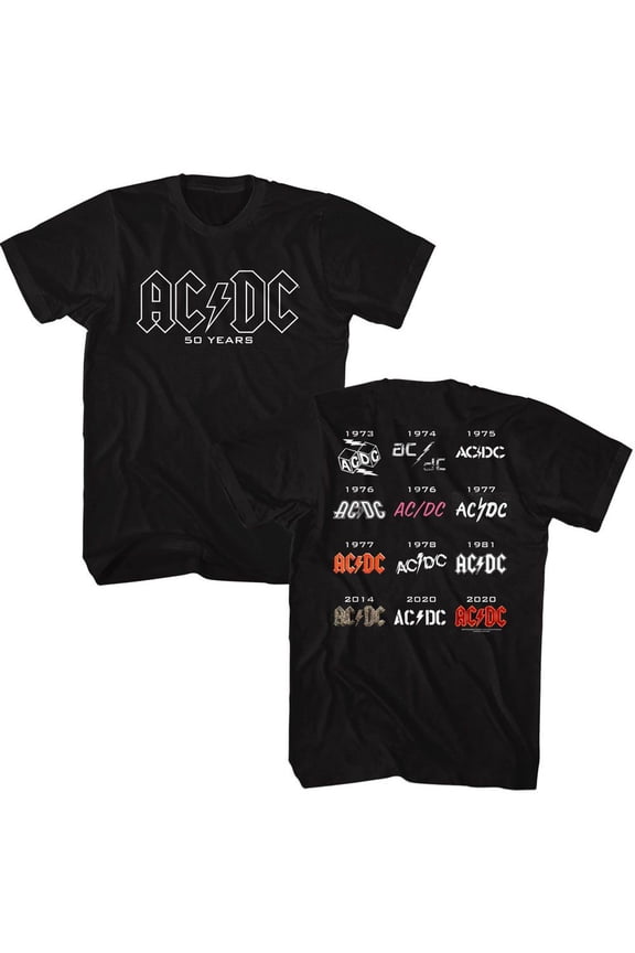 AC/DC 50 Years Logos Front Back Black Adult T-Shirt ***F&B*** 2Xl