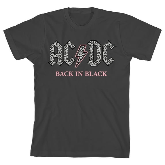 AC/DC Back In Black Gray Leopard Print Logo Crew Neck Short Sleeve Girl's Black T-shirt-XL