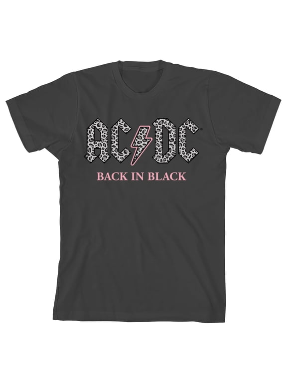 AC/DC Back In Black Gray Leopard Print Logo Crew Neck Short Sleeve Girl's Black T-shirt-XL