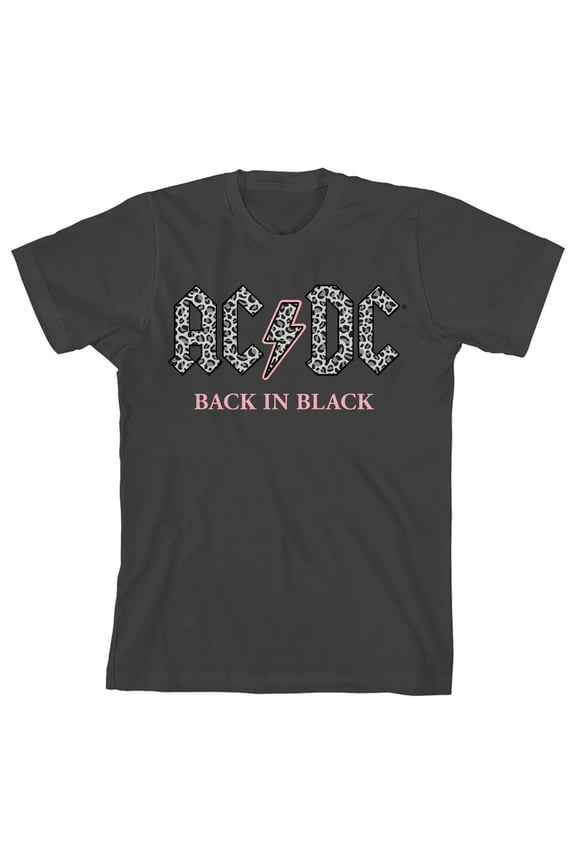 AC/DC Back In Black Gray Leopard Print Logo Crew Neck Short Sleeve Girl's Black T-shirt-XL