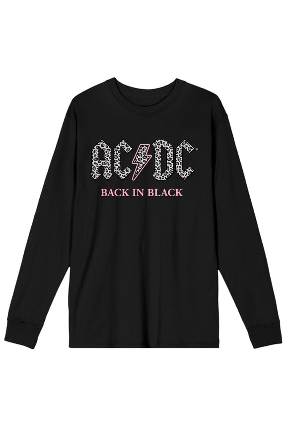 AC/DC Leopard Print Back In Black Adult Black Long Sleeve Tee-Small