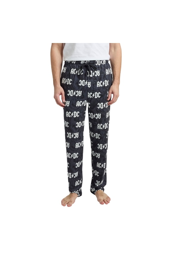 AC/DC Lightning Bolt Logo All-Over Print Men's Black Sleep Pajama Pants -Large