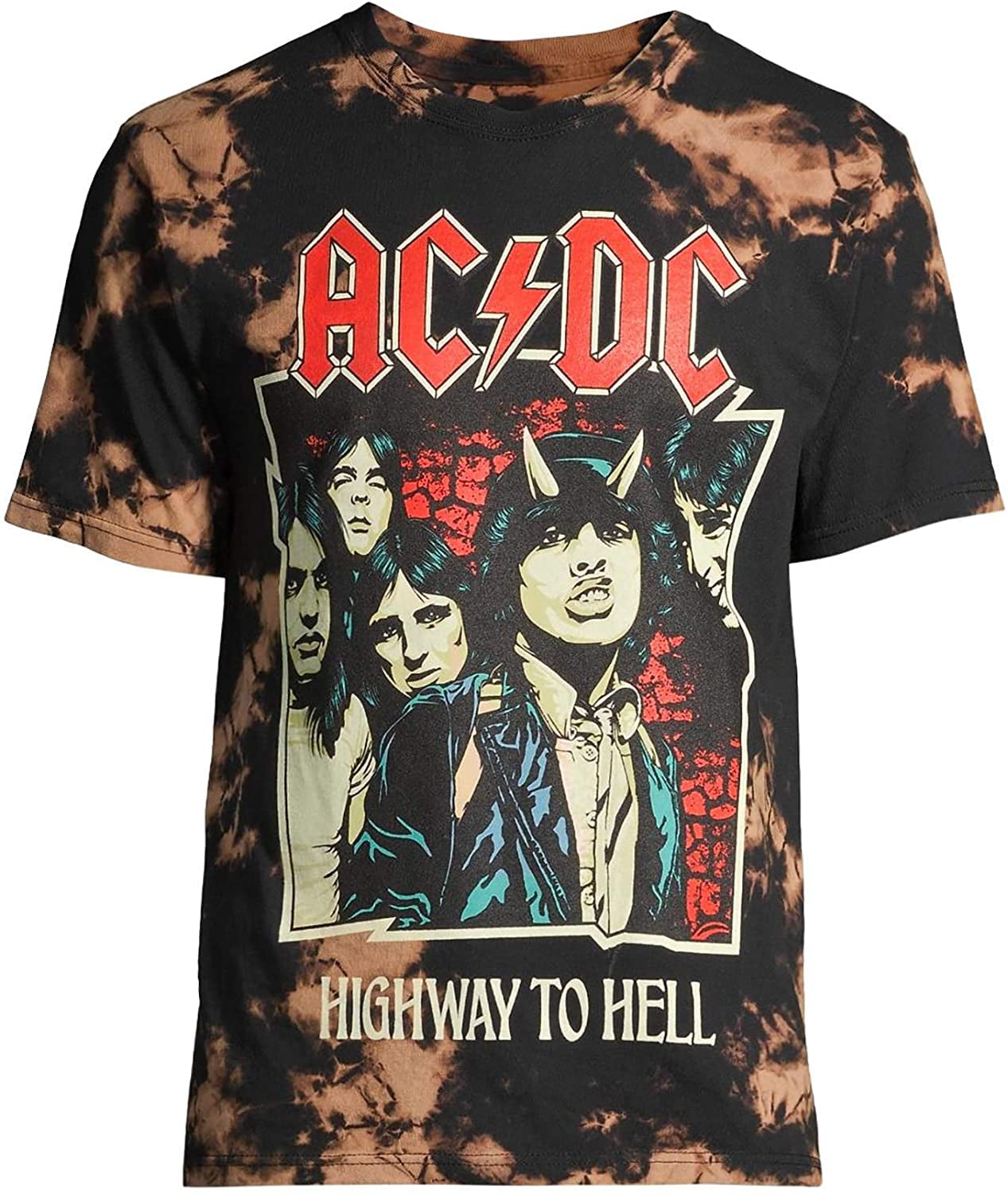 AC/DC Men's Officially Licensed Highway To Hell Tie Dye Heavy Metal Rock  T-Shirt - Black Bleach Wash (Small)