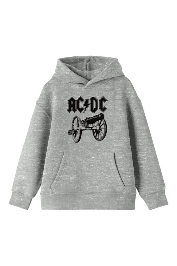 AC/DC Monochrome Logo and Cannon Youth Heather Gray Graphic Hoodie-Large