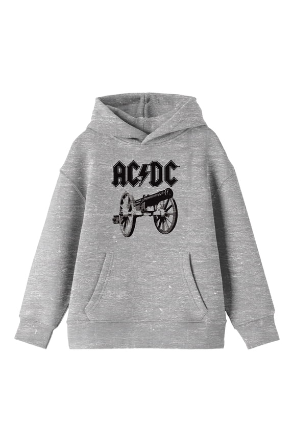 AC/DC Monochrome Logo and Cannon Youth Heather Gray Graphic Hoodie-Medium