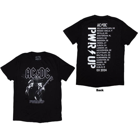 AC/DC Unisex T-Shirt PWRD-UP B&W Photo EU Tour '24 (Black) (Back Print & Ex-Tour) (XX-Large)