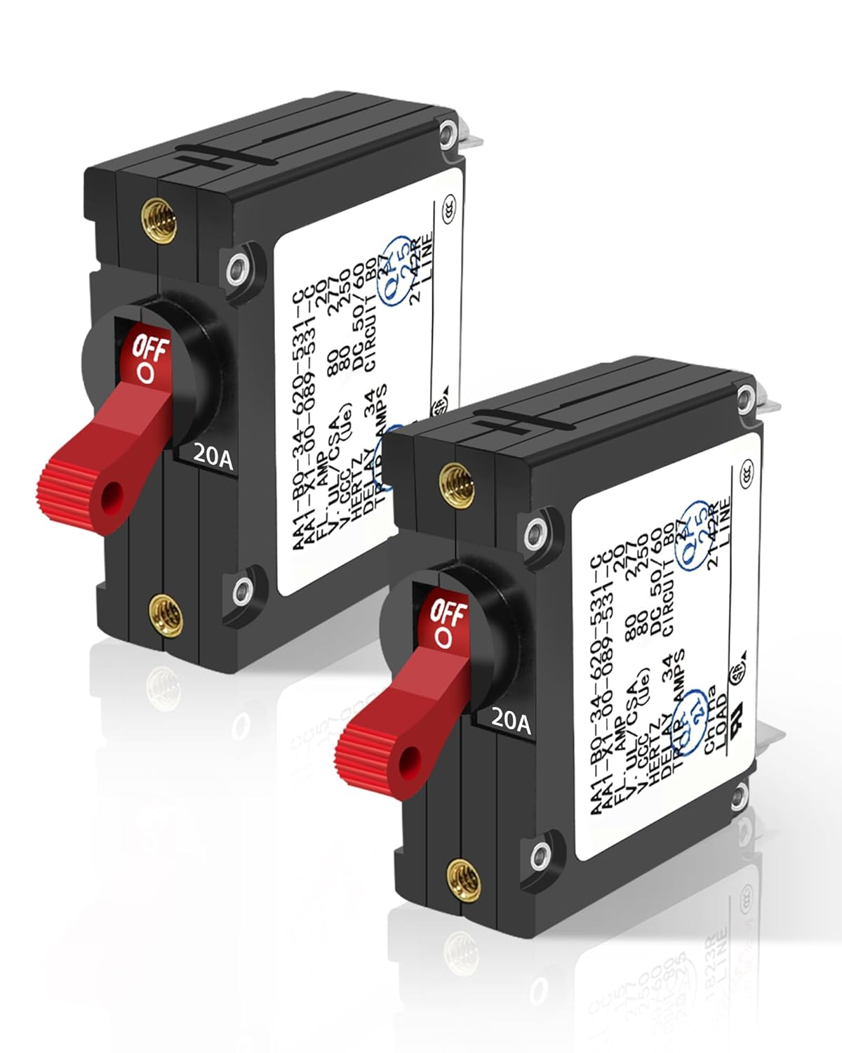 AC/DC Single Pole 20A Boat Magnetic Circuit Breaker A Series Red Toggle Switch- 20 Amp Protects Low Power Devices for Yachts, Motorhomes, Campers, Caravans, 2 Pack