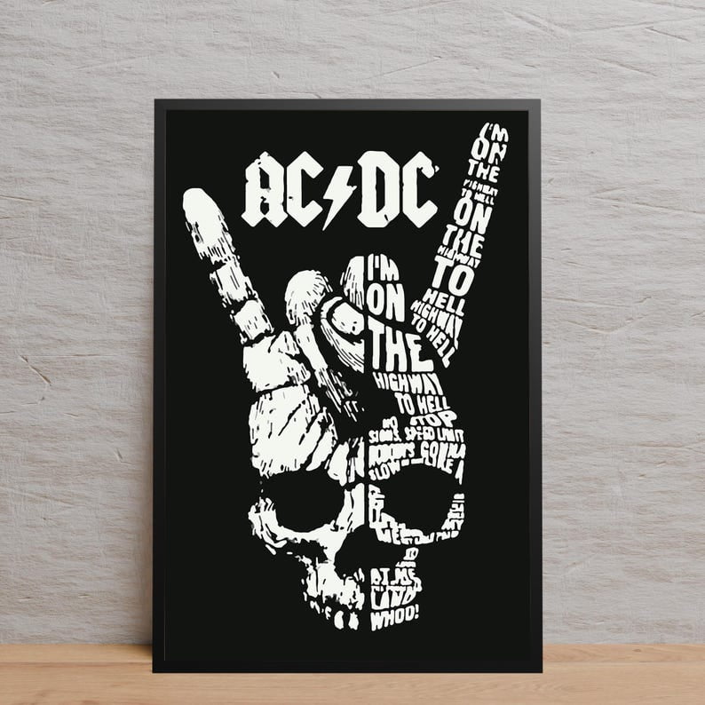 AC/DC Skull Hand Rock Typography Wall Art Black White Music Decor Size ...