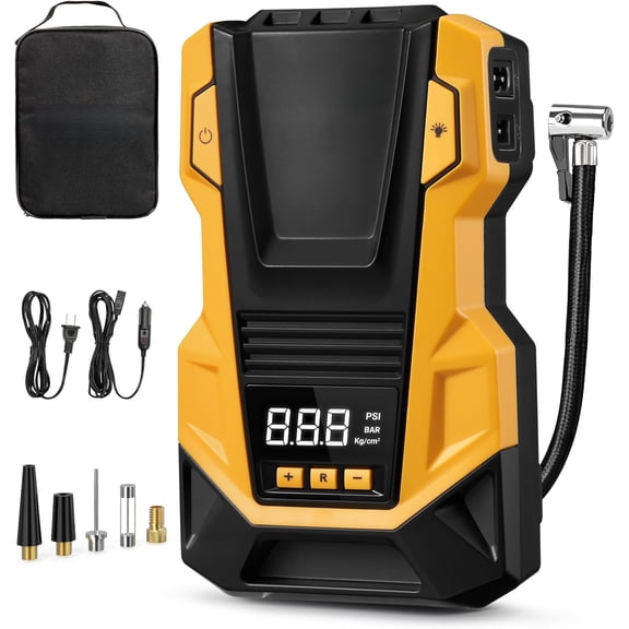 AC/DC Tire Inflator Portable Air Compressor for Car, Pump Car Tires, Accessories 150PSI with LED Light Cars, Balls, Motorcycles, and Other CZK-3666 Yellow