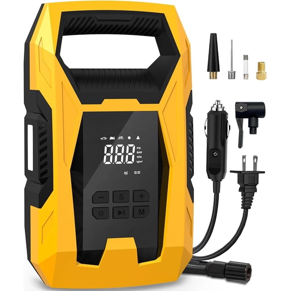 AC/DC Tire Inflator Portable Air Compressor, Dual Power for Home 110V AC and Car 12V DC Pump with Pressure Gauge, Auto Shutoff, Motorcycle Bicycle Other Inflatables