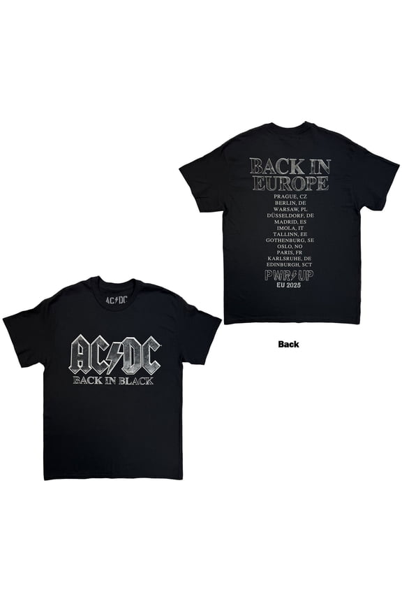 AC/DC Unisex T-Shirt: Back In Black EU Tour '25 (Black) (Back Print & Ex-Tour)