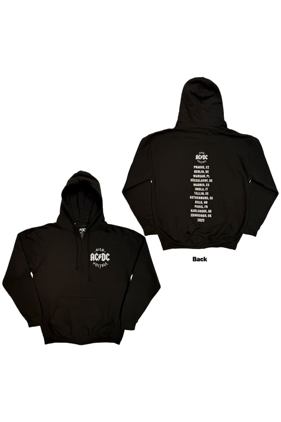 AC/DC Unisex Zipped Hoodie: Silver High Voltage EU Tour '25 (Black) (Back Print & Ex-Tour)