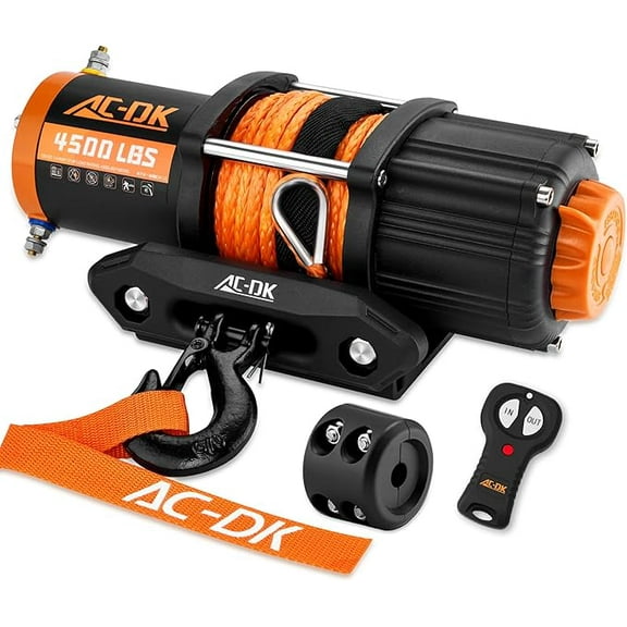 AC-DK 12V 4500 lb ATV/UTV Electric Winch Synthetic Rope Winch with Big Yellow Wired Remote & Mounting Plate for Off-Road, Trailer, Boat, RV Towing.