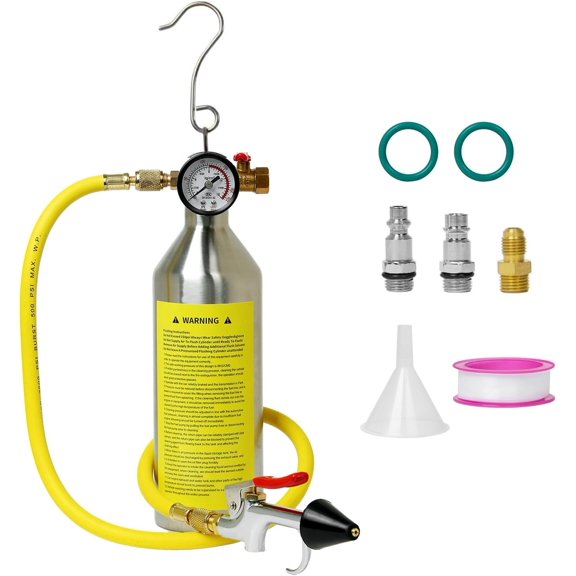 AC Flush Kit, Automotive A/C System Flush Canister Tool Set, Compatible with R134A R12 R22 R404 R410A, with 220PSI Gauge, Hose Fittings for AC Pipe, Condenser, Evaporator