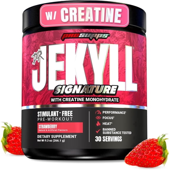 ProSupps Dr. JEKYLL Signature V2 Stim Free Pre Workout with Creatine, Zero Caffeine Energy, Focus, Pumps & Endurance Formula, Strawberry Flavor, 30 Servings