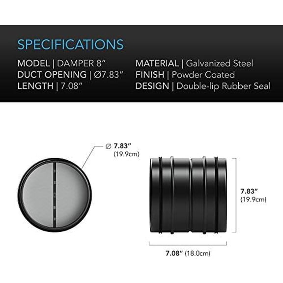 AC Infinity 8 Backdraft Damper, One-Way Airflow Ducting Insert with Spring-Loaded Folding Blades for 8 Ducting in Range Hoods and Bathrooms Fans