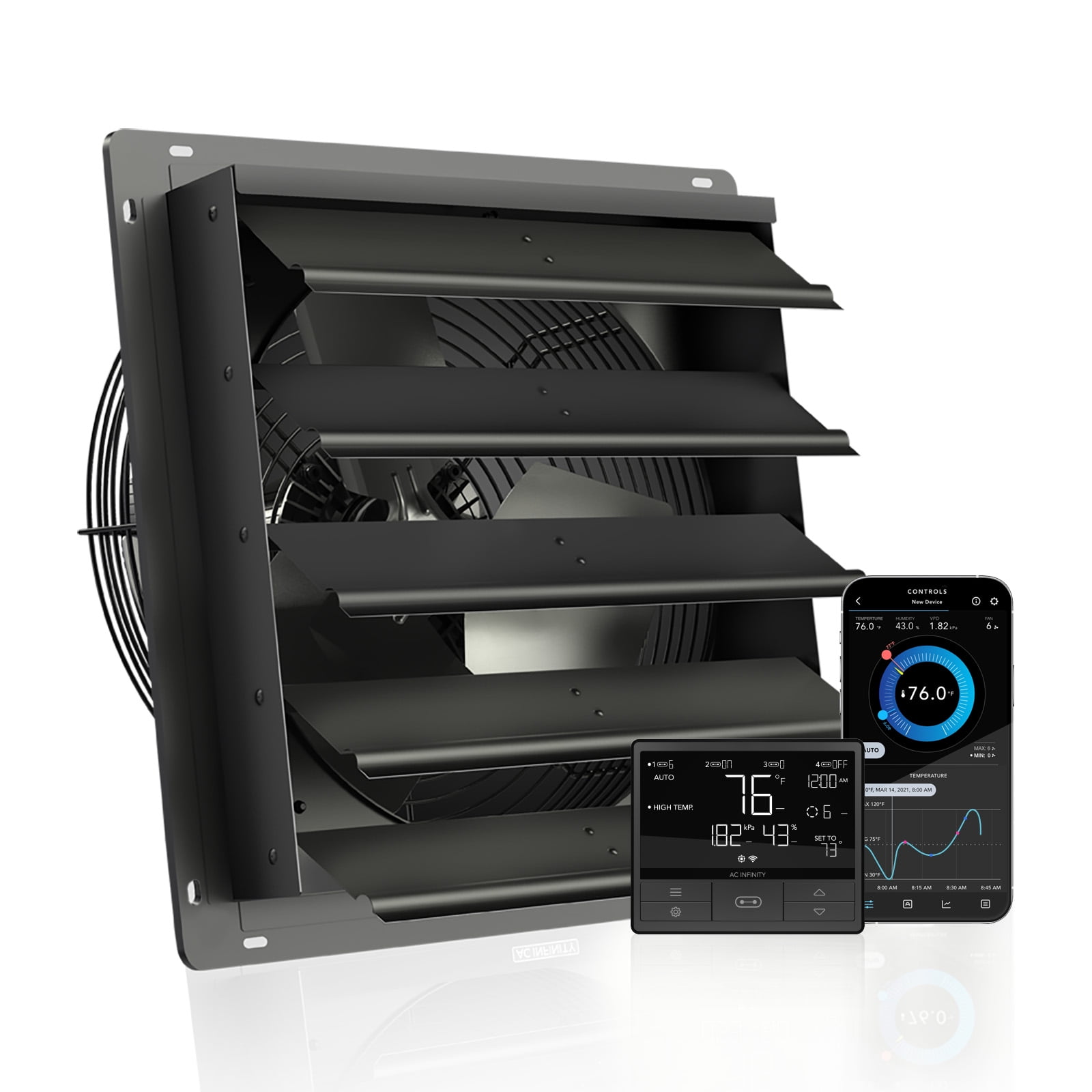 AC Infinity AIRLIFT T16, Shutter Exhaust Fan 16" with WiFi App-Compatible Temperature Humidity Controller – Wall Mount Ventilation and Cooling for Sheds, Attics, Workshops