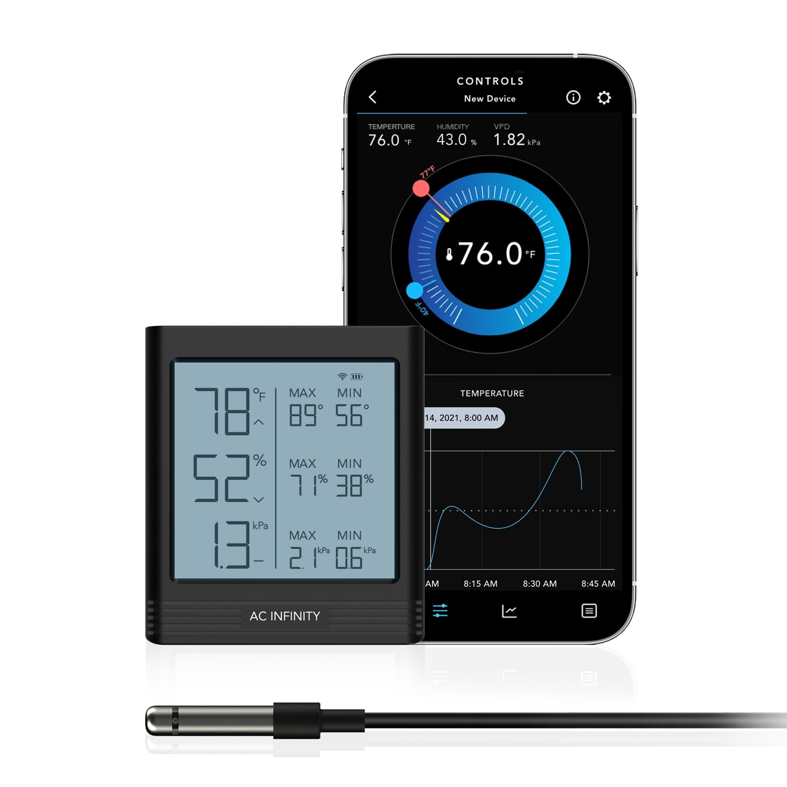 AC Infinity B1, Temperature Humidity VPD Smart Hygrometer with LCD Display & Bluetooth