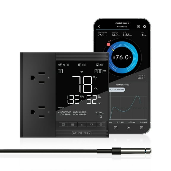 AC Infinity CONTROLLER 75 PRO, WiFi Outlet Controller, Independent Programs for Two Devices, Desktop Digital Thermostat with Temperature, Humidity, VPD, & Timer Controls, For Seed Starting Heat Mats