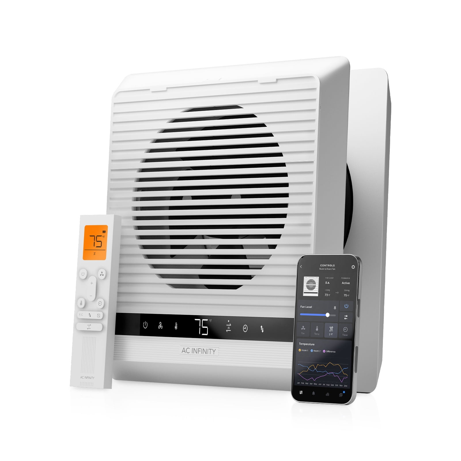 AC Infinity Through Wall Fan 8, Dual Zone Sensors with Reversible Airflow, Smart Room-to-Room Fan, Auto Temperature Balancing, WiFi App Control, LCD Remote, 10 Speeds for Kitchen, Laundry, Workshops