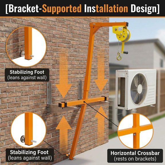 AC Lifting Tool 1200 LBS Capacity, 60 FT Max Lifting Height HVAC Hoist with Manual Winch, Adjustable Steel Bracket for Outdoor Unit Installation, Orange