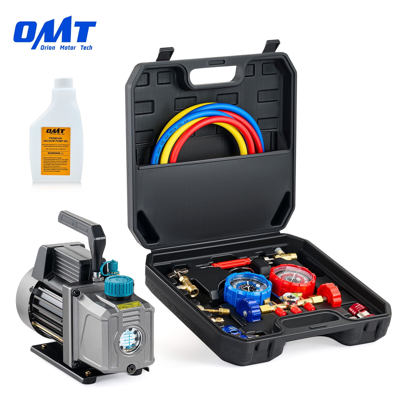 AC Vacuum Pump And Gauge Set, 1/4 Hp 3.5 Cfm Vacuum Pump Manifold Gauge Kit With 3 Hoses Adapters Accessories For R134a R12 R22 R502