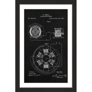 "AC Motor 1896 Black Paper" Framed Painting Print