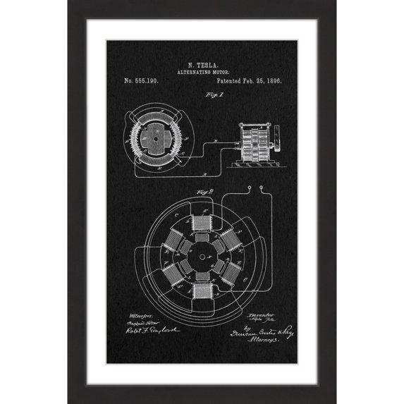"AC Motor 1896 Black Paper" Framed Painting Print