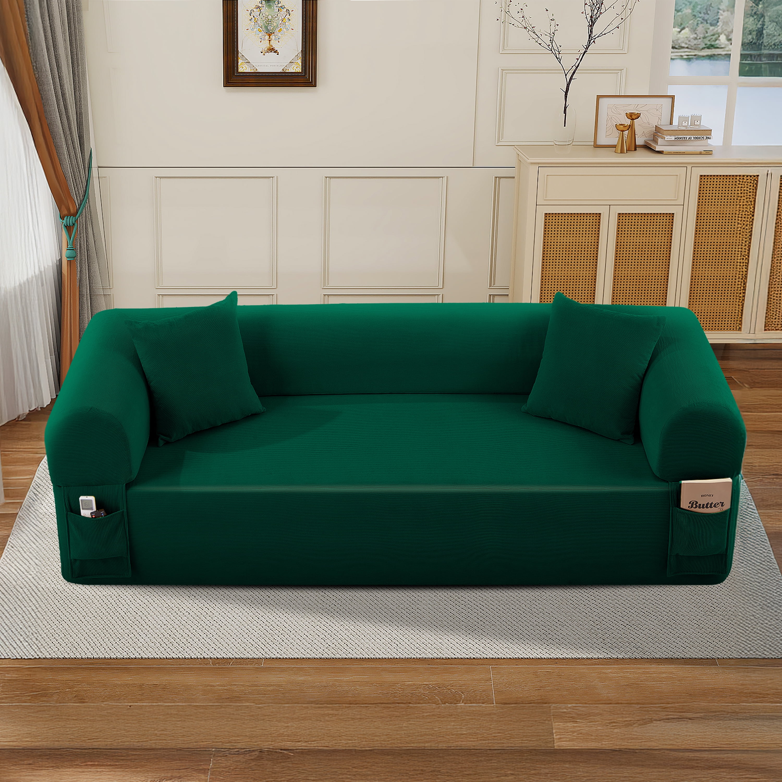 AC PACIFIC 3-Seater Low-Profile with Pillows & Storage – Pocketed Springs, Green