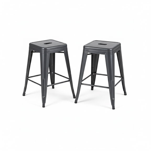 AC Pacific 24-Inch Industrial Metal Counter Stools, Stackable Indoor/Outdoor Barstools, Set of 2, Grey