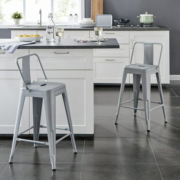 AC Pacific 24" Industrial Metal Bar Stool With Back, Silver, Set Of 2