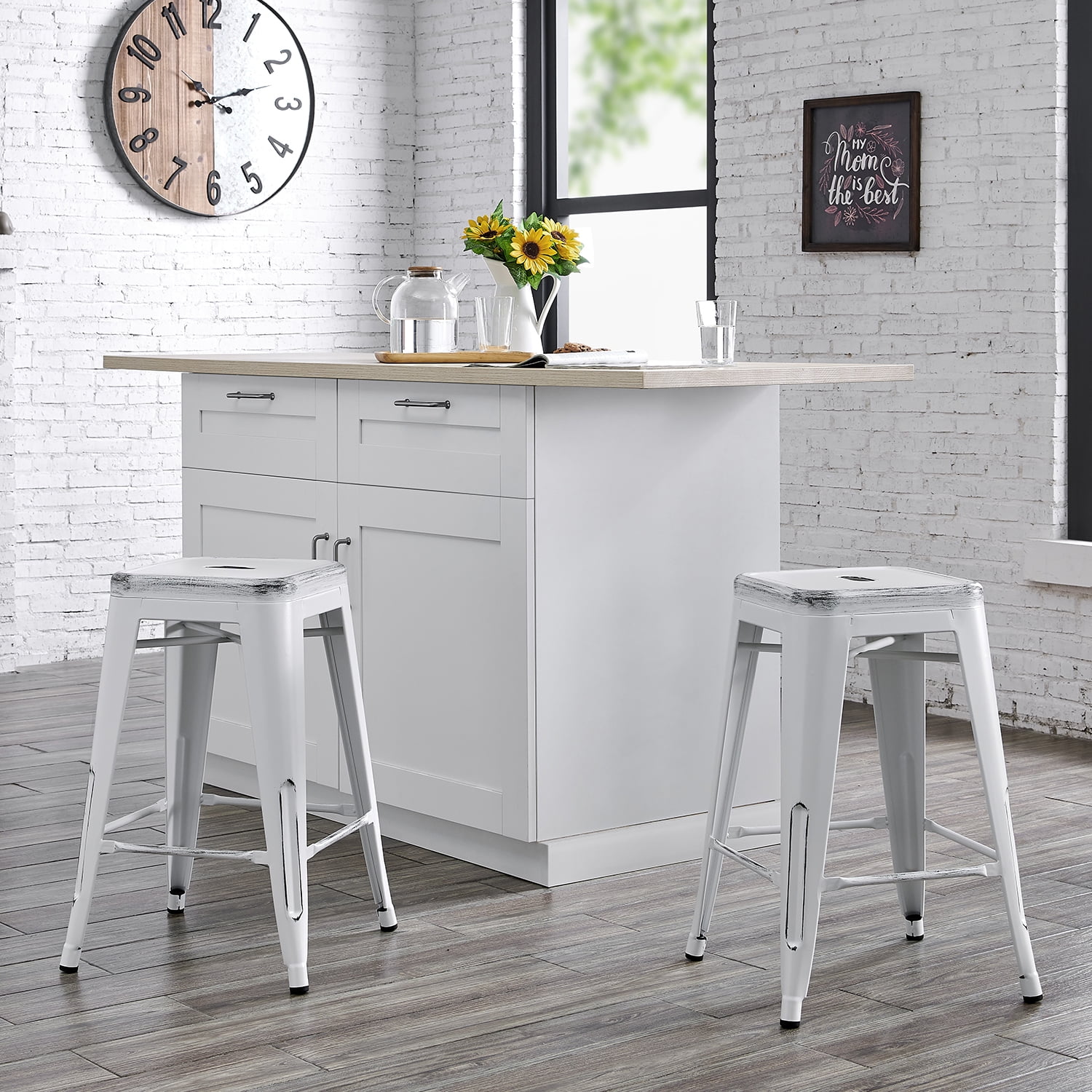 AC Pacific 24” Metal Backless Barstool Set of 2 – Country Rustic Style, Lightweight & Sturdy Build, Easy Assembly – Distressed Matte White