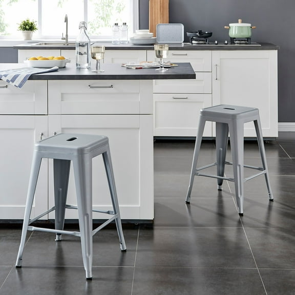 AC Pacific 24” Metal Backless Barstool Set of 2 – Country Rustic Style, Lightweight & Sturdy Build, Easy Assembly – Matte Silver