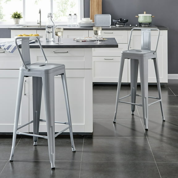 AC Pacific 30" Industrial Metal Bar Stool With Back, Silver, Set Of 2