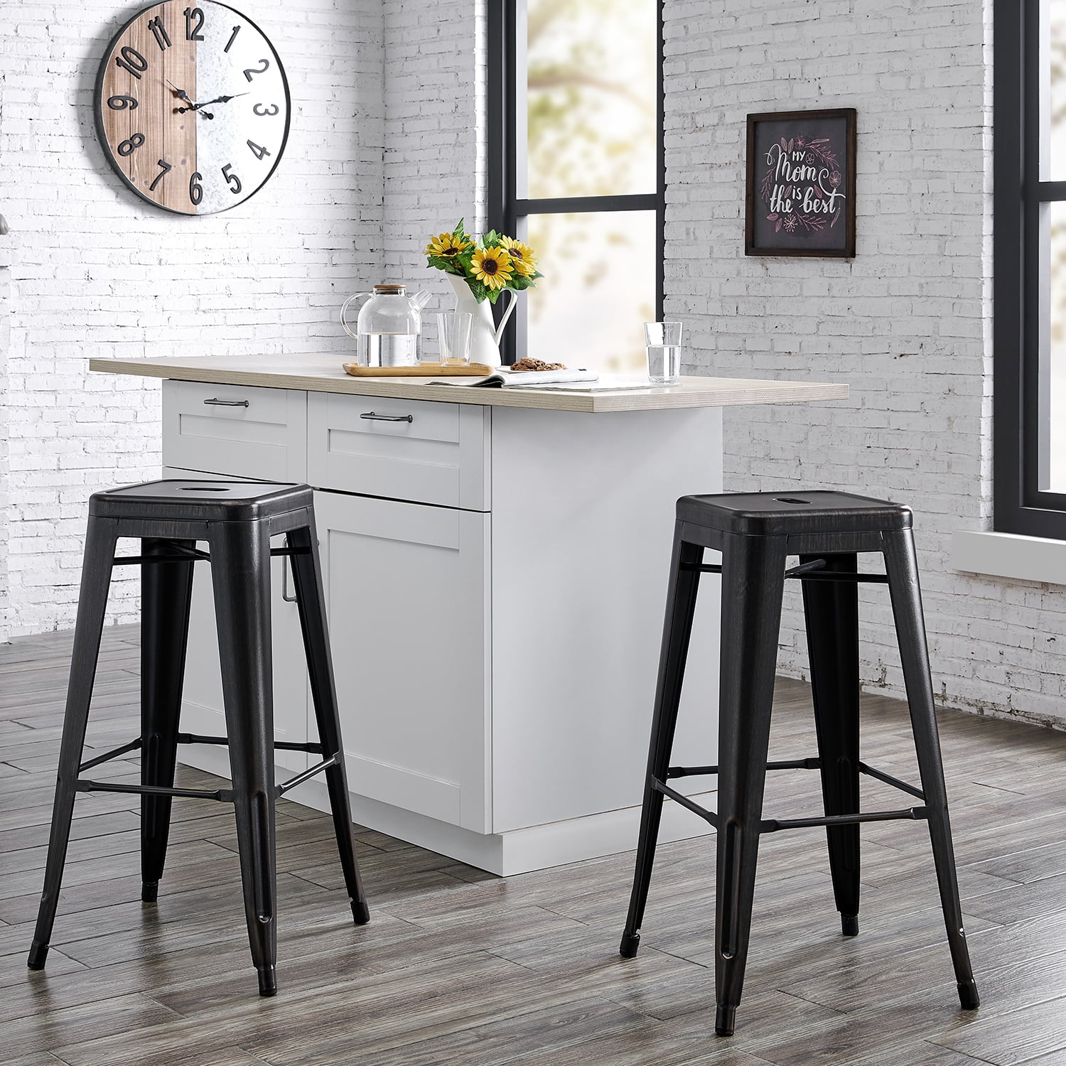 AC Pacific 30” Metal Backless Barstool Set of 2 – Country Rustic Style, Lightweight & Sturdy Build, Easy Assembly – Distressed Matte Black