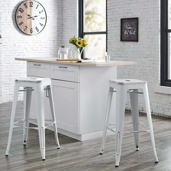 AC Pacific 30” Metal Backless Barstool Set of 2 – Country Rustic Style, Lightweight & Sturdy Build, Easy Assembly – Distressed Matte White