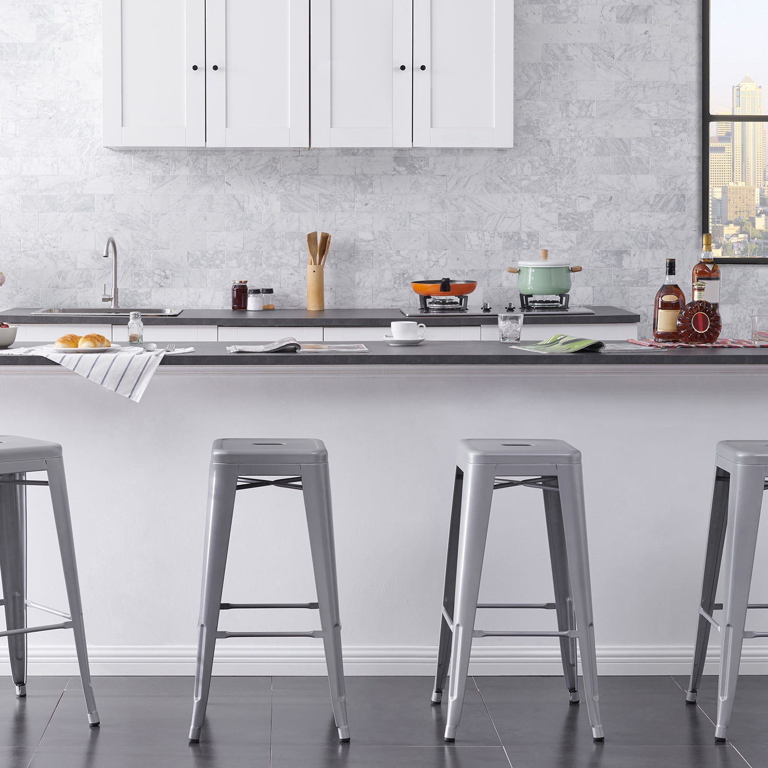AC Pacific 30” Metal Backless Barstool Set of 4 – Country Rustic Style, Lightweight & Sturdy Build, Easy Assembly – Matte Silver