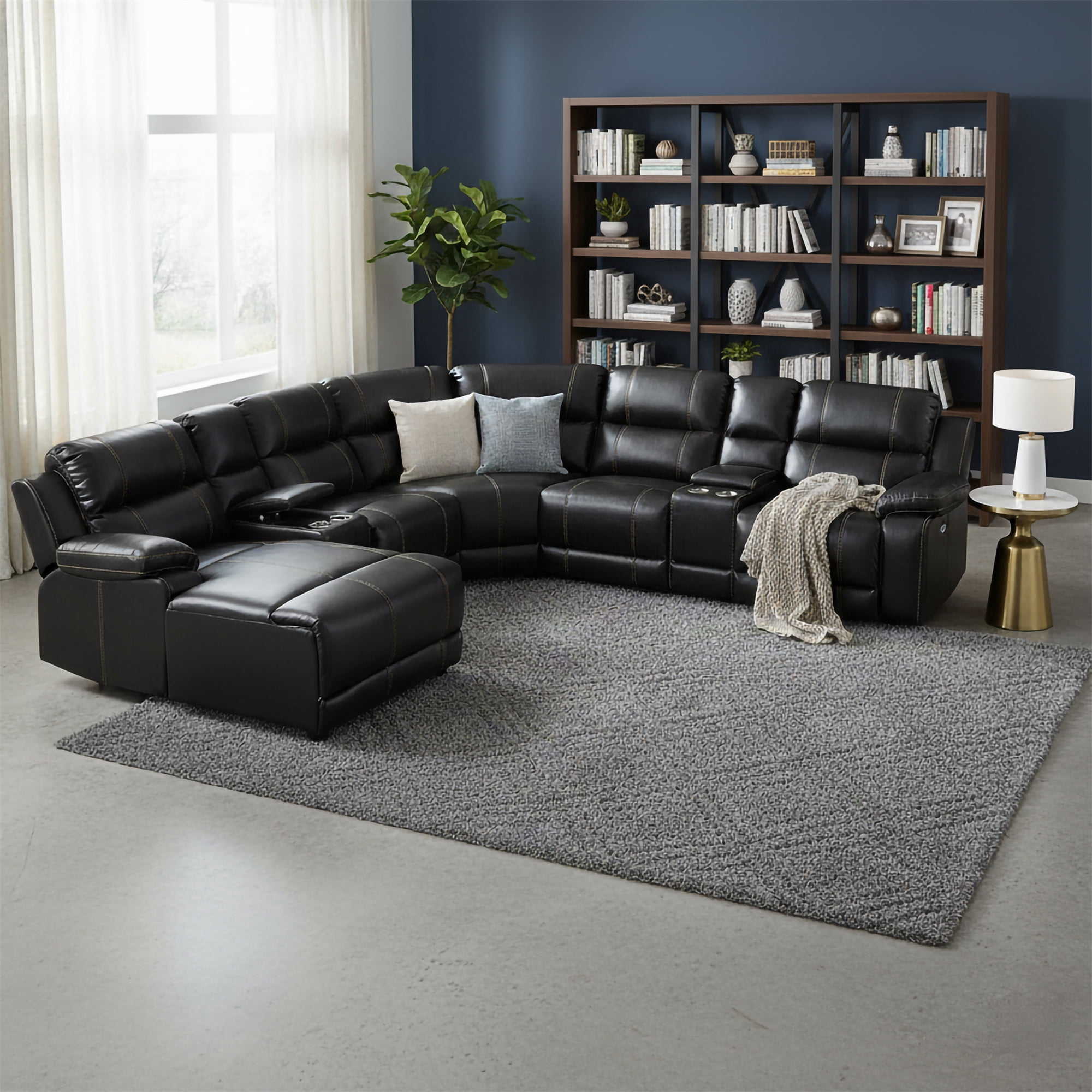 AC Pacific 7 Piece Traditional Dacron Fiber Reclining Living Room Set Black