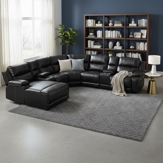 AC Pacific 7 Piece Traditional Dacron Fiber Reclining Living Room Set Black