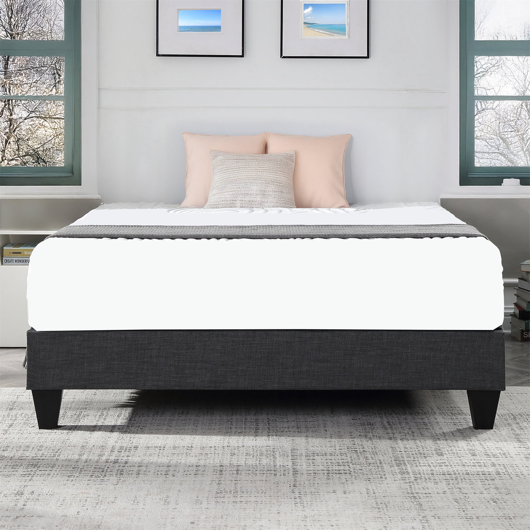 AC Pacific Adult King Contemporary Upholstered Platform Bed with Memory Foam, Grey