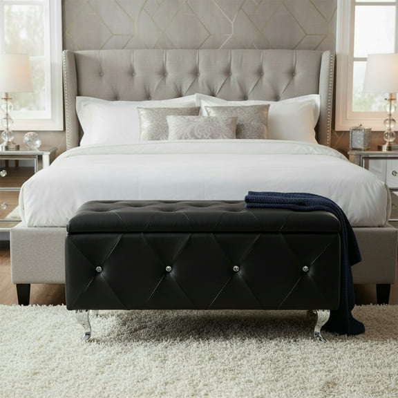 AC Pacific Crystal Tufted Faux Leather Storage Bench, Black