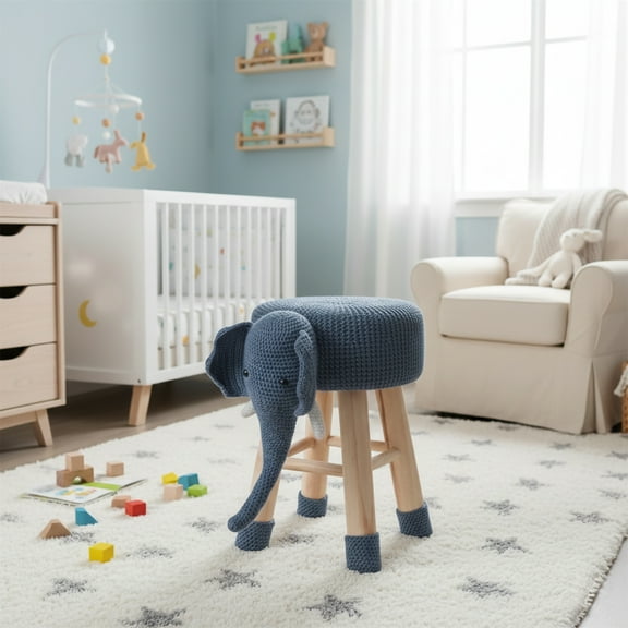 AC Pacific Children's Woven Elephant Ottoman Stool with Wooden Legs, Blue