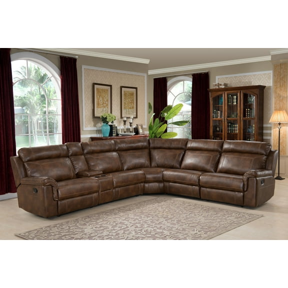 AC Pacific Clark 6 Piece Brown Reclining Living Room Sectional Sofa with Storage Console and Cup Holders