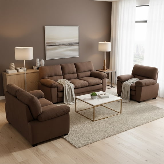 AC Pacific Contemporary 3-Piece Brown Upholstered Living Room Set