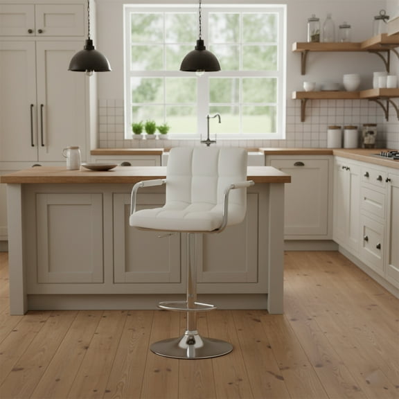 AC Pacific Contemporary Adjustable Swivel Kitchen Bar Stool Chair with Cushion and Armrest, 24"-33", White